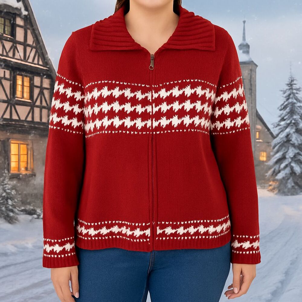 White Stag Cardigan Women Large Red Zip Front Knit Sweater Houndstooth Winter